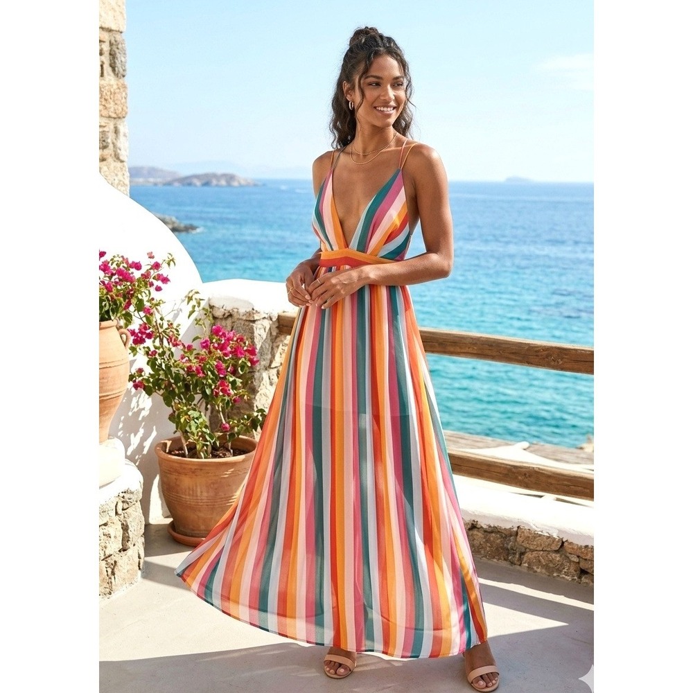 ESSUE Multicolor Vertical Striped Maxi Dress Small Plunging V-Neck Boho Summer